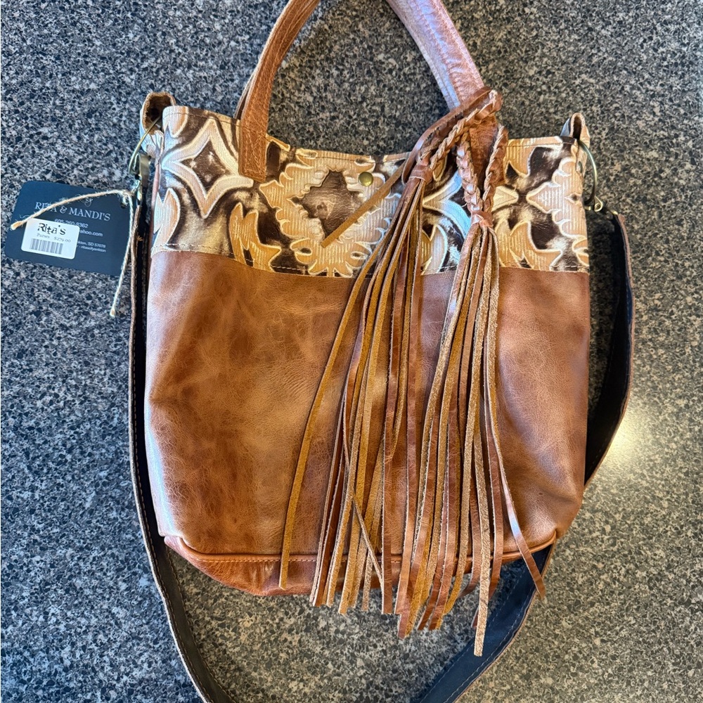 Brown and Tan Women's Bag with Fringe